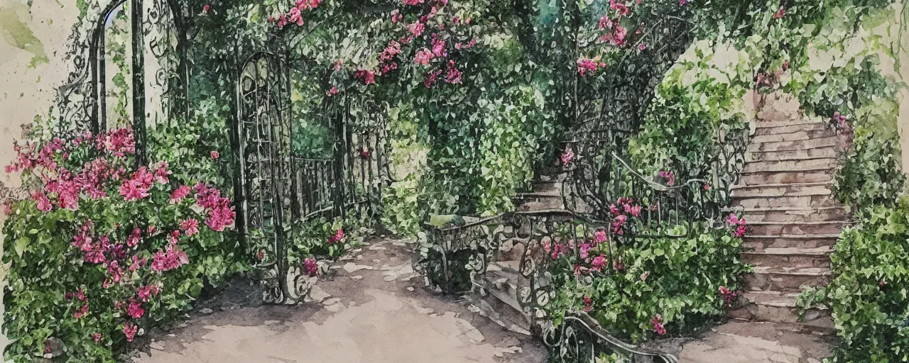 Image similar to isomeric view, stairway, chairs, wrought iron gates, tree, delicate water in a botanic garden, garden road, temple in a botanical herbarium paper, watercolor colored painting, iridescent colors, realistic shaded, fine details, artstation, italian style, colonnade, huge flowers, architecture
