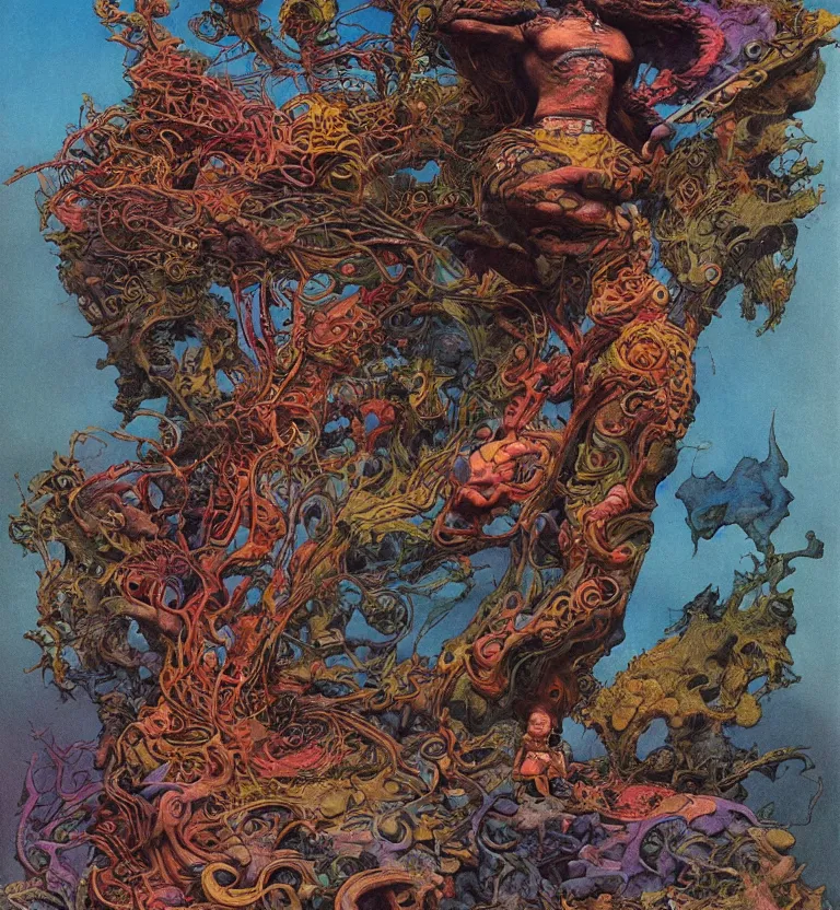 Prompt: colourful biomorphic temple, jimi hendrix full body shot, by moebius and roger dean and giger and arthur rackham and james jean and beksinski and greg hildebrandt, 8 k