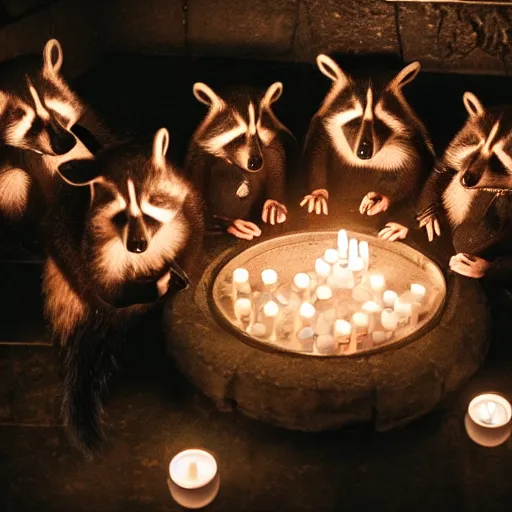 Prompt: dslr photo, a group of raccoons wearing dark cult robes perform a dark occult evil ceremony inside the secret lair of an underground mystery cult, dramatic candlelight, pentagrams, ultra - detailed, photorealistic, 4 k