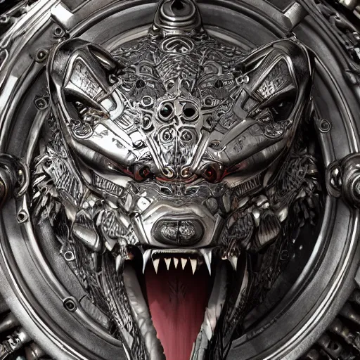 Image similar to A biomechanical ornate wolf made of engraved full plate armor and gears, Macro shot by Justin Gerard, unreal engine, physically based rendering