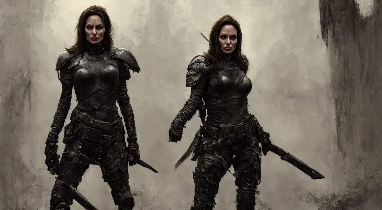 Prompt: angelina jolie is a female warrior in full metal armor, dark medieval, post-apocalyptic hellscape, tragic, realistic, hyperdetailed, 8K, ArtStation, Jacub Rozalski style