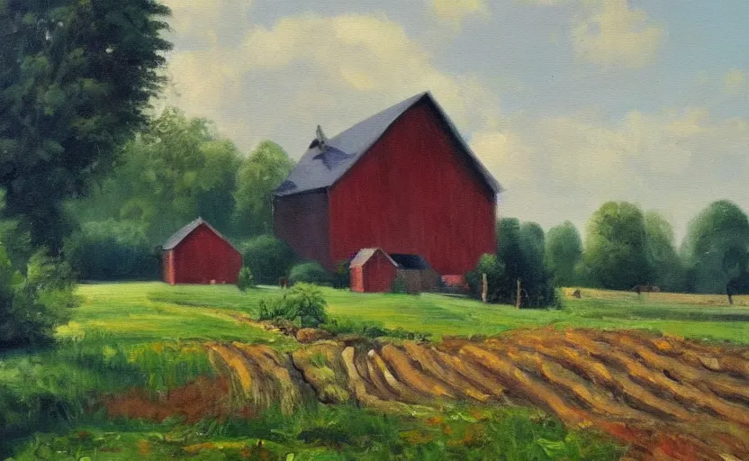 Image similar to oil painting of a beautiful farm in the style of gustave baumann