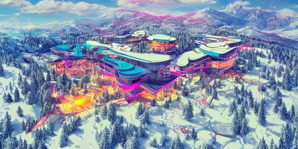 Prompt: psychedelic ski resort, concept art, architectural plans, synthwave, 4 k render, ray tracing, detailed