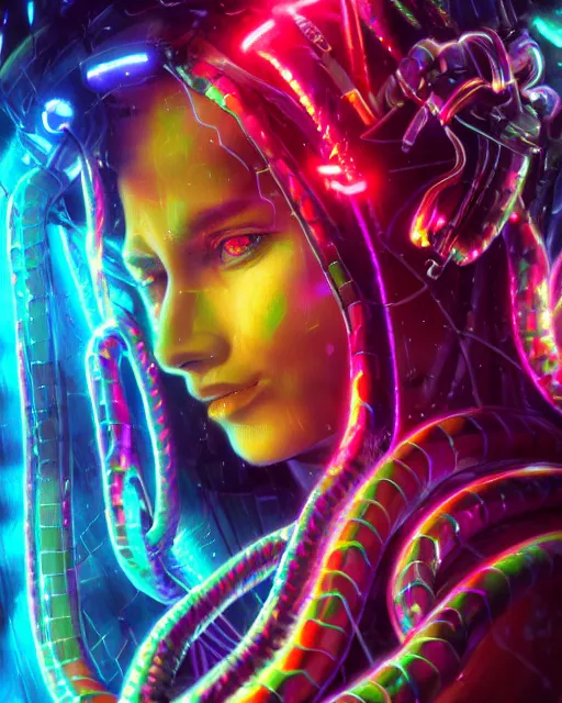 Prompt: a cyberpunk close up portrait of cyborg medusa, electricity, rainbow, snakes in hair, sparks, bokeh, soft focus, sparkling, glisten, water drops, cold, dark, geometric, by unreal engine, paul lehr, jesper ejsing