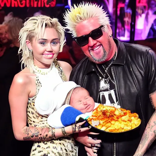 Prompt: miley cyrus and guy fieri holding their baby