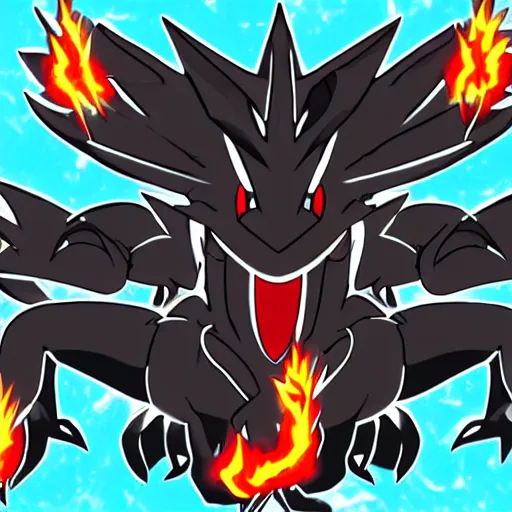 Image similar to a 3 headed black dragon pokemon shooting electricity out of its mouth