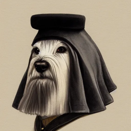 Prompt: portrait of stoic looking miniature schnauzer, military uniform, black fir, white eyebrows, fantasy, intricate, elegant, highly detailed, centered, dark, smokey, charcoal painting, digital painting, artstation, concept art, smooth, sharp focus, illustration, art by rembrandt, art by johannes vermeer