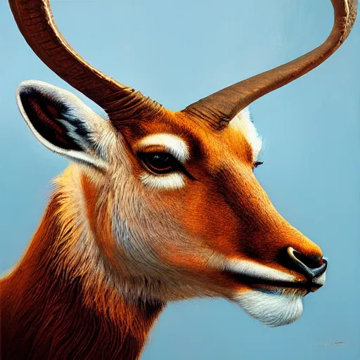 Image similar to a dramatic head portrait of a antelope in tiger skin, cinematic lighting, symmetric face by karol bak, christopher balaskas