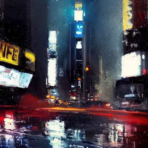 Image similar to bird's eyeview of spaceship landing in times square, nyc, night, wet pavement, by jeremy mann.