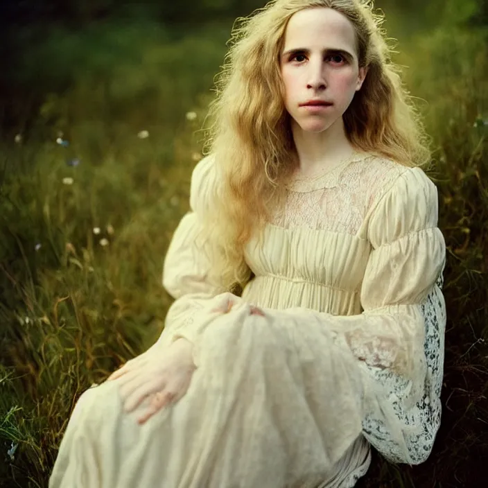 Image similar to Kodak Portra 400, 8K, soft lighting, volumetric lighting, highly detailed, brit marling style 3/4 ,portrait photo of a beautiful woman how pre-Raphaelites painter, a beautiful lace dress and hair are intricate with highly detailed realistic beautiful flowers , Realistic, Refined, Highly Detailed, natural outdoor soft pastel lighting colors scheme,faded colors, outdoor fine art photography, Hyper realistic, photo realistic