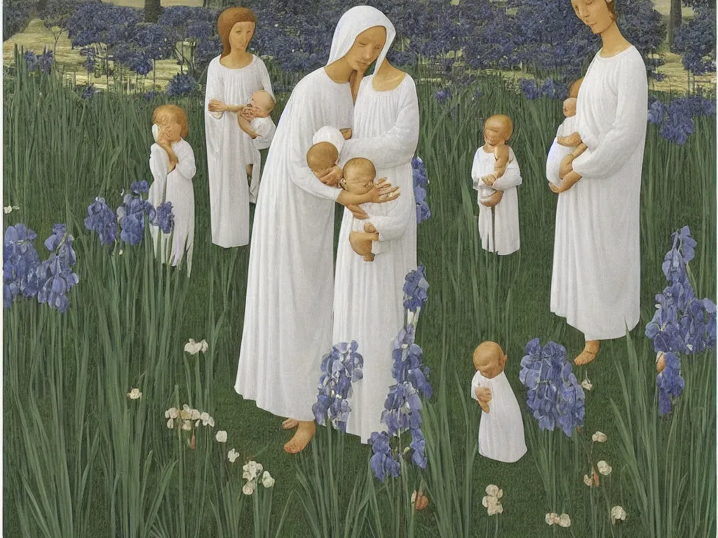 Image similar to Woman dressed in white with six babies. Iris flower in a vase, garden outside with Cypresses. Painting by Alex Colville, Fra Angelico.