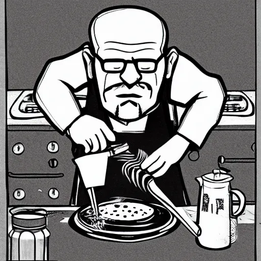 Image similar to black and white caricarture drawing of walter white cooking a pizza with a blowtorch