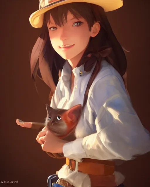 Image similar to a very cute cowgirl wearing a cat hat, medium shot, ambient lighting, visible and detailed face, by makoto shinkai, stanley artgerm lau, wlop, rossdraws