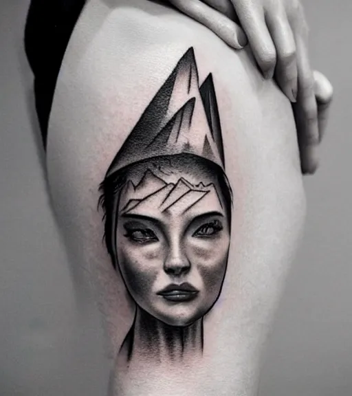 Image similar to amazing fade art of a hyper realistic mountain scenery with a beautiful woman face, tattoo design sketch, in the style of matteo pasqualin, hyper - realistic, amazing detail, black and white