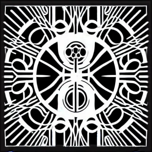 Image similar to black and white sci fi luxury themed svg vector art panel for cnc plasma, laser, stencil, unique art nouveau deco hole through circuit cedar tree design