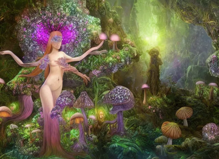 Image similar to glowing delicate flower and mushrooms that grow in a dark fatansy forest on the planet Pandora, an idealistic marble statue with fractal flowery hair in a fractal garden,