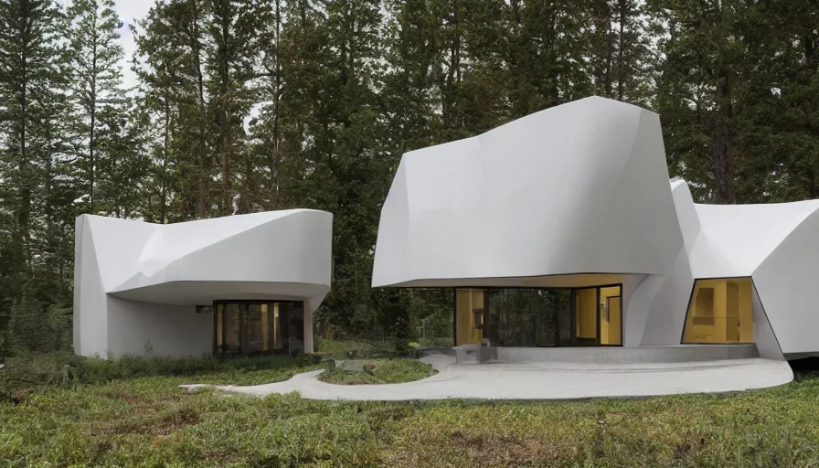 Prompt: A wide image of a full innovative contemporary prefab cabin with rounded corners, beveled edges, 3D printed line texture, made of cement, organic architecture, Designed by Gucci, Balenciaga, and Wes Anderson