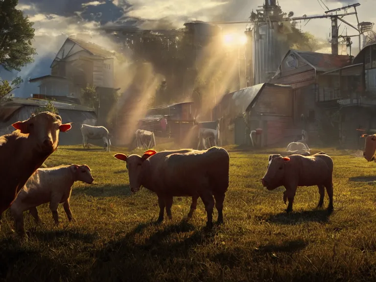 Image similar to livestock revolting against farmers, 8 k, ultra realistic, lens flare, atmosphere, glow, detailed, intricate, full of colour, cinematic lighting, trending on artstation, 4 k, hyperrealistic, focused, extreme details, unreal engine 5, cinematic, masterpiece