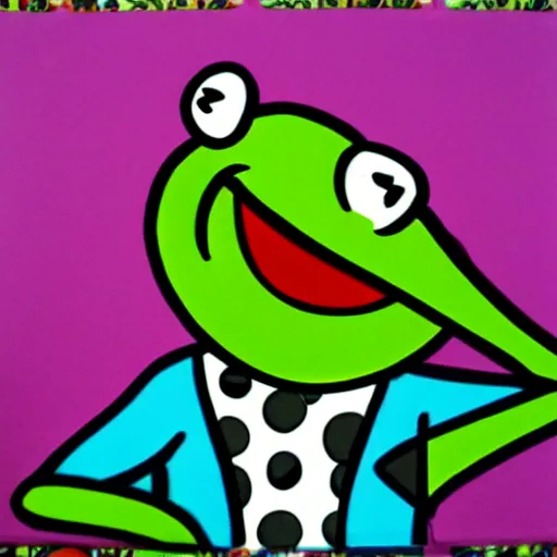 Image similar to kermit the frog in the style of romero britto