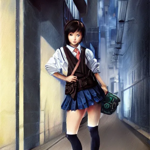 Image similar to a perfect, realistic professional oil painting of a Japanese schoolgirl posing in a dystopian alleyway, style of Marvel, full length, by a professional American senior artist on ArtStation, a high-quality hollywood-style concept