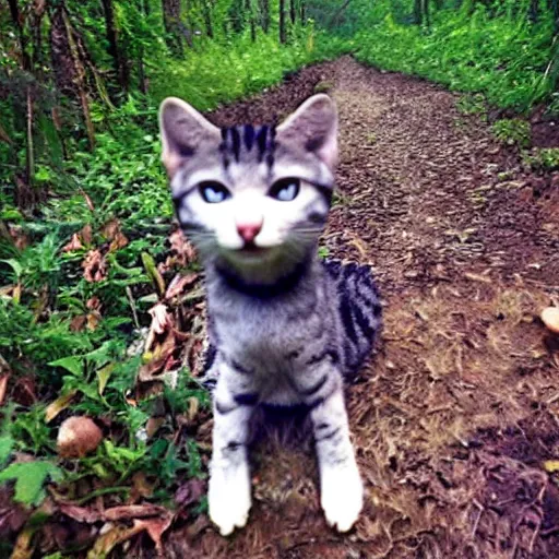 Prompt: Trailcam footage of a catgirl crouching down towards the camera and eating a mushroom