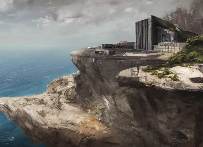 Image similar to villain brutalist big base of james bond, coastal perched on a cliff overlooking a magnificient bay, concept art oil painting by jama jurabaev, extremely detailed, hard brush, stroke brush, artstation