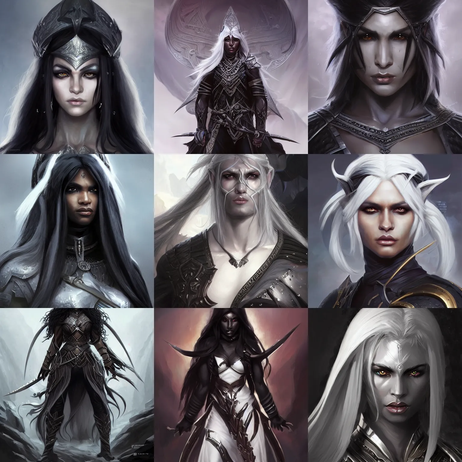 Prompt: dark elf warrior, black skin, long white hair, D&D, fantasy, portrait, highly detailed, digital painting, artstation, concept art, sharp focus, illustration, art by artgerm and greg rutkowski and magali villeneuve