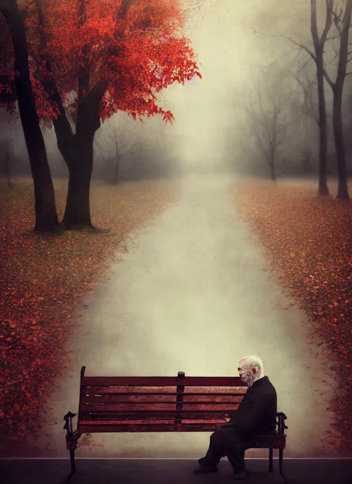 Prompt: conceptual photography portrait of an old man on a park bench fading into nothing, autumn tranquility, forgetfulness, fading to dust and leaves, oblivion, inevitability, aging, surreal portrait, moody, by tom bagshaw, hopeless, 4 k