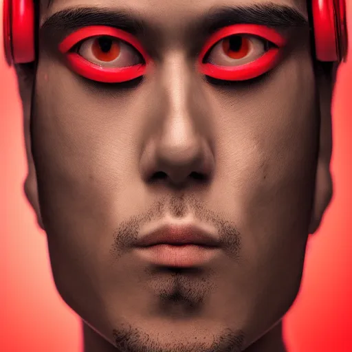 Image similar to profile photograph of a beautiful! male with red mechanical! eye dark background by Tomohiro Suzuki