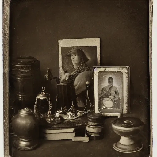 Image similar to Tintype photograph of a magical objects displayed in an ethnographic museum, archive material, anthropology, 1920s studio lighting.