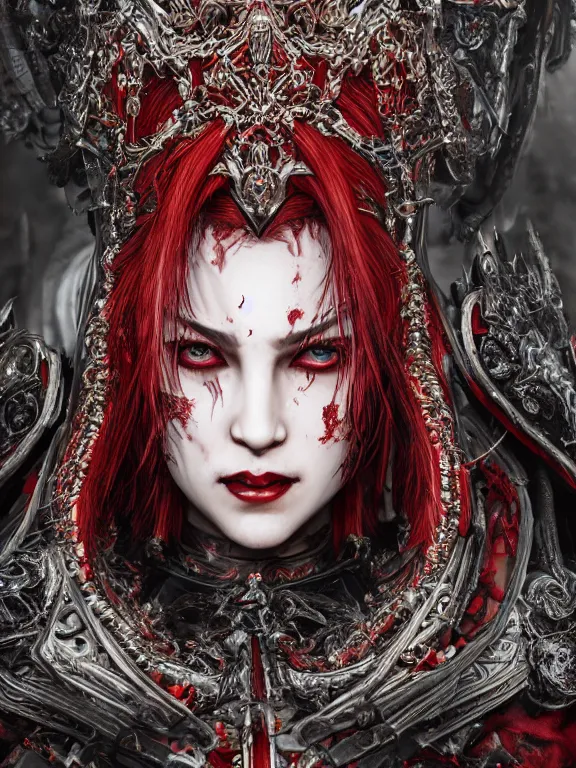 Image similar to portrait art of 8k ultra realistic vampire queen,intricate red crown, detailed intricate ornate armour,decaying, cybernetic, full of colour, cinematic lighting, battered, trending on artstation, 4k, hyperrealistic, focused, extreme details,unreal engine 5, cinematic, masterpiece, art by ayami kojima, giger