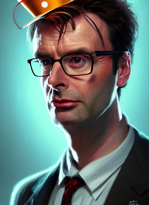 Prompt: portrait of the tenth doctor from doctor who wearing a party hat, intricate, elegant, glowing lights, highly detailed, digital painting, artstation, concept art, smooth, sharp focus, illustration, art by wlop, mars ravelo and greg rutkowski