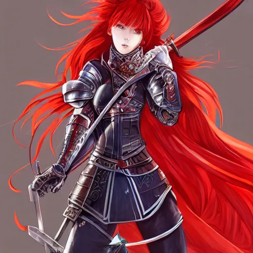 Image similar to a red haired female knight with a holy sword as an absurdly beautiful, elegant, sensual anime girl, blue background, ultrafine hyperrealistic detailed face illustration by kim jung gi, irakli nadar, intricate linework, sharp focus, bright colors, matte, octopath traveler, final fantasy, unreal engine highly rendered, global illumination, radiant light, intricate environment