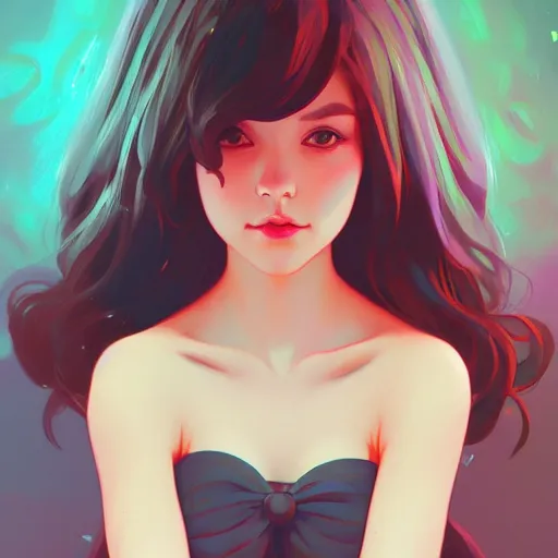 Image similar to a sweet beautiful girl, she is looking at the camera, she is smirking, ambient lighting, 4 k, lois van baarle, ilya kuvshinov, rossdraws, alphonse mucha, jung gi kim, artstation