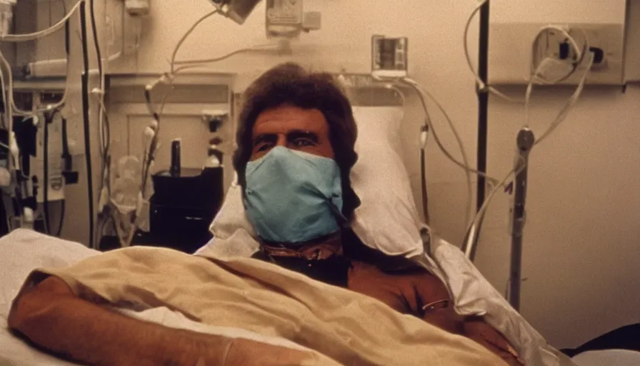 Image similar to 70s movie still of a man wearing gold mask in hospital, eastmancolor, heavy grain, high quality, higly detailed, liminal space