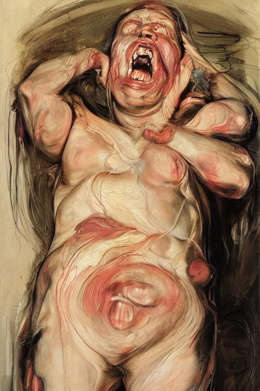 Image similar to a woman enraged, part by Jenny Saville, part by Francis Bacon