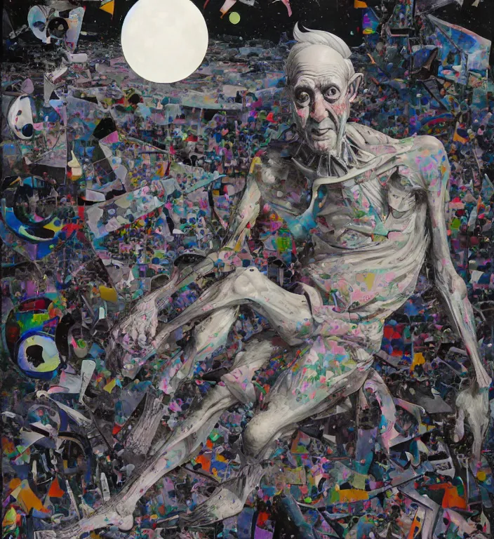 Image similar to decollage painting old white - headed man under the huge moon on a street of ruined city by adrian ghenie and takato yamamoto and edward hopper and mark ryden and tsutomu nihei, part by bridget riley, acrylic pour and splashing paint, very coherent, baroque elements, perfect anatomy, intricate design. pop art.