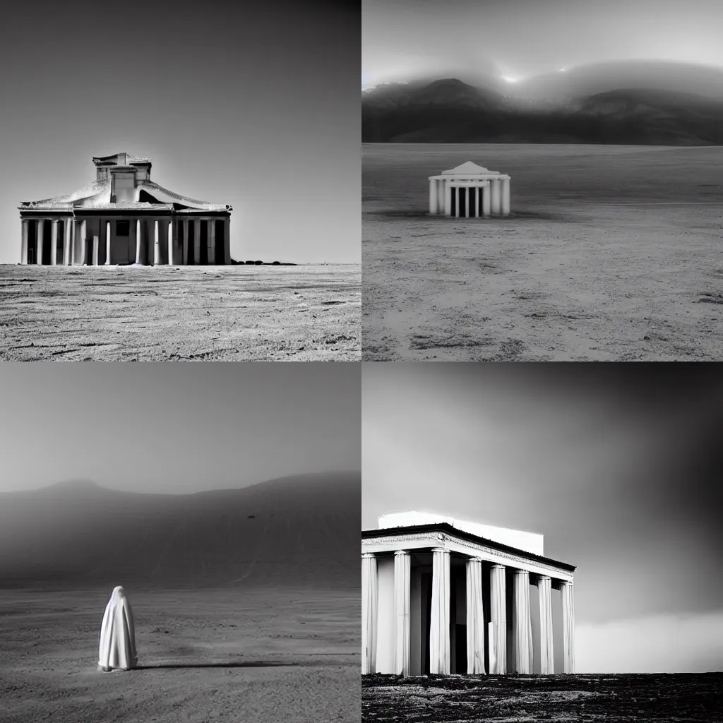 Prompt: eerie white temple alone in a bleak desert, the sky is black, solar eclipse, there are blurry mountains in the background, monochrome