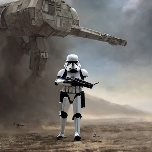 Image similar to an extremely long shot of an imperial stormtrooper in battle position ready to shoot his blaster concept art by Doug Chiang cinematic, realistic painting, high definition, very detailed, extremely high detail, photo realistic, concept art, the Mandalorian concept art style