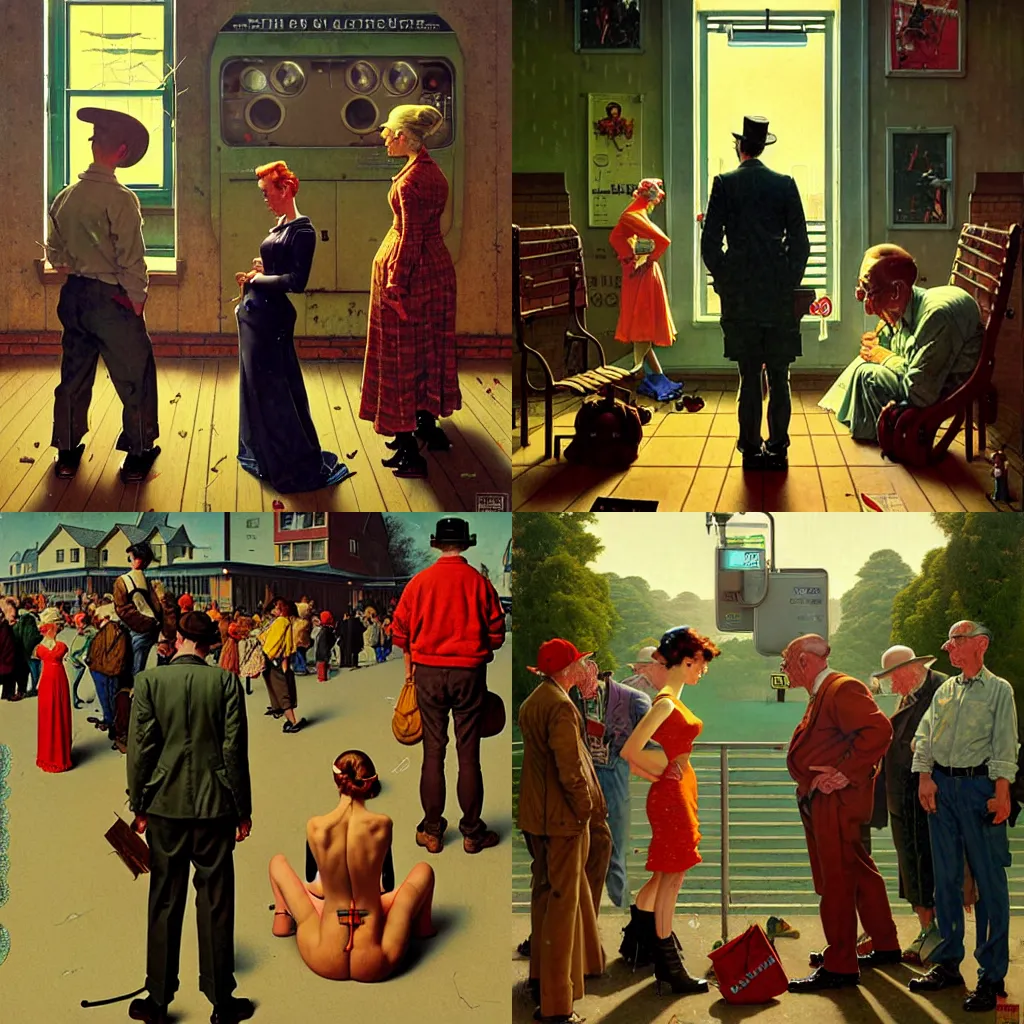 Prompt: a person being shunned by a crowd by simon stalenhag and norman rockwell and gil elvgren