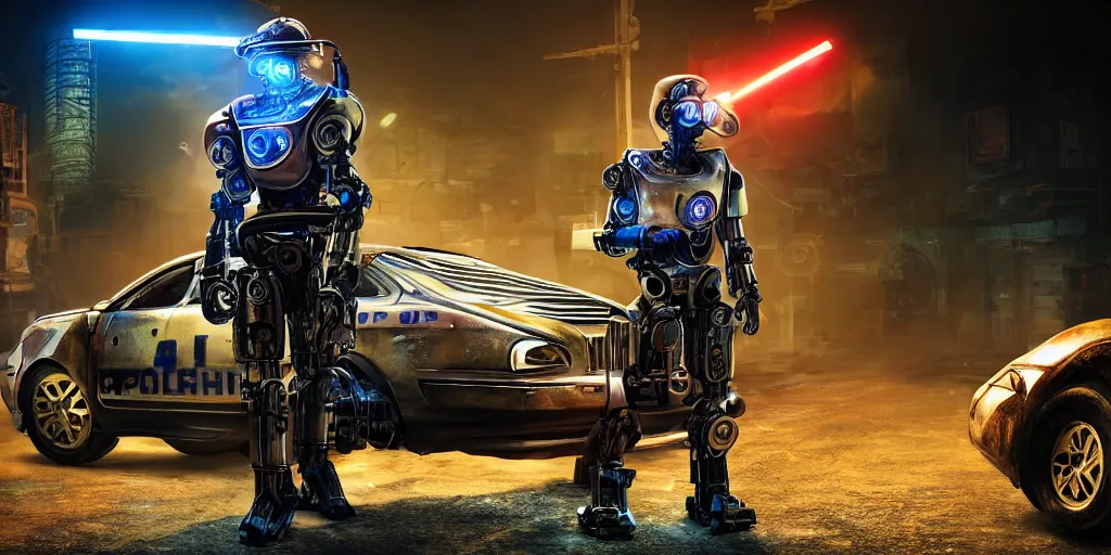 Image similar to a robotic chtulhu police officer next to a futuristic police car, rusty helmet, cyberpunk, fallout 5, studio lighting, deep colors, apocalyptic setting, city at night