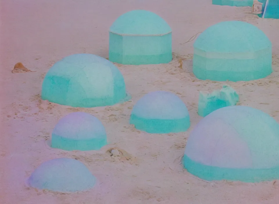 Image similar to a pastel coloured vintage family holiday photo of an empty beach from an alien dreamstate world with chalky pink iridescent!! sand, reflective lavender ocean water, dim bioluminescent plant life and an igloo shaped shiny plastic festival stage and large sound system with transparent frosted panels!! glare. refraction, volumetric light.