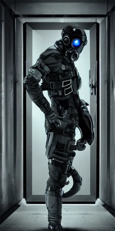 Image similar to full body cinematic shot of a male time traveling intelligence agent in a black and greyscale sealed continuity suit stepping through a time travel gateway, masculine, simple and functional with gaiter-style gas mask, a mix between splinter cell and metal gear solid by alphonse mucha