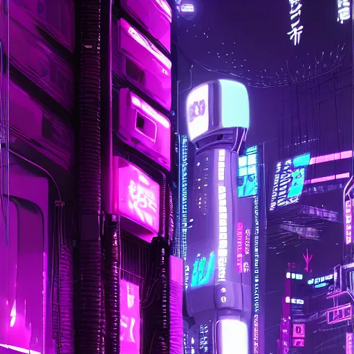 Image similar to Head of a robot with purple glowing eyes in cyberpunk neon Tokyo in style of Tsutomu Nihei. Cyberpunk, vertical symmetry, 8K, Highly Detailed, Intricate.