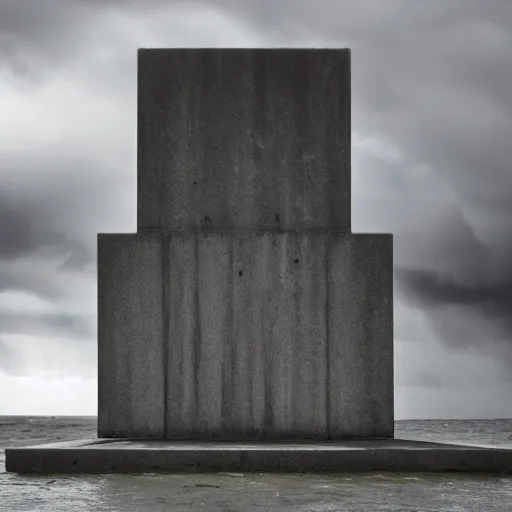 Prompt: a beautiful, photo-realistic, surreal, and mysterious brutalist monument at the ocean under the stormy sky. trending on artstation.