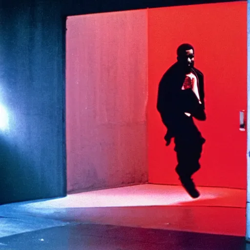 Prompt: 1980s film photograph of kanye west stepping through a bright red rectangle portal, blurry, grainy, liminal