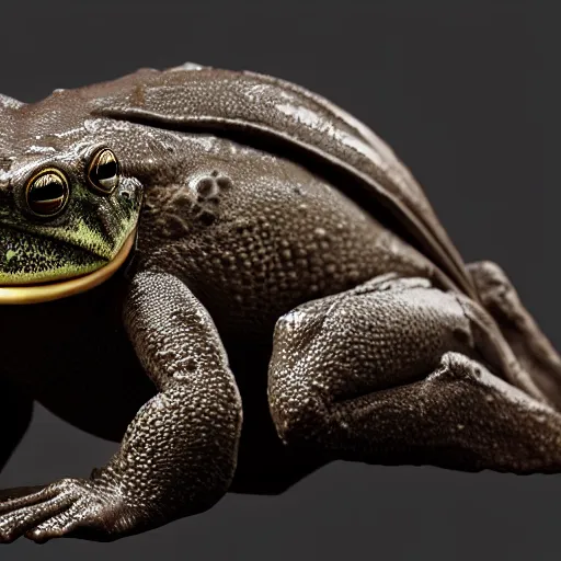 Image similar to photograph of batman cane toad, wearing smooth froggy batsuit, alluring hero pose, its just a frog wearing a batman costume, painterly, breathtaking stande, triumphant, ornate, intricate, hyper detailed, accent lighting, dramatic light, 4 k octane render