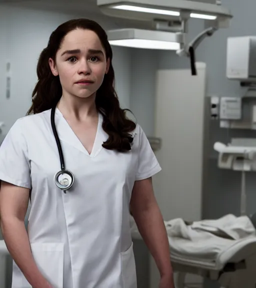 Prompt: emilia clarke as a nurse in a hospital, thicc detailed body, seductive eyes, wall lighting, healthcare setting
