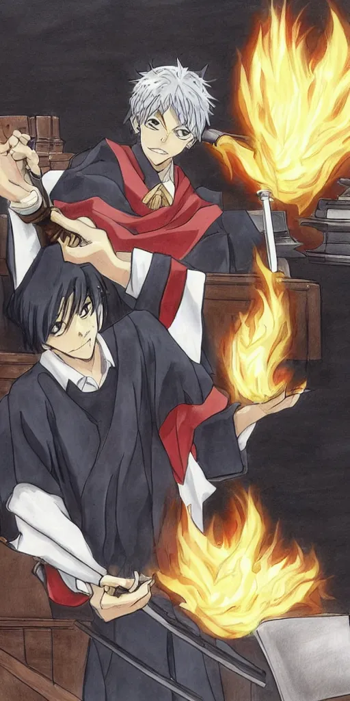 Image similar to powerful anime judge with a magic gavel on fire, in a court room with a scale on his desk, drawn by a famous anime artist, high quality, fine lines, amazing detail