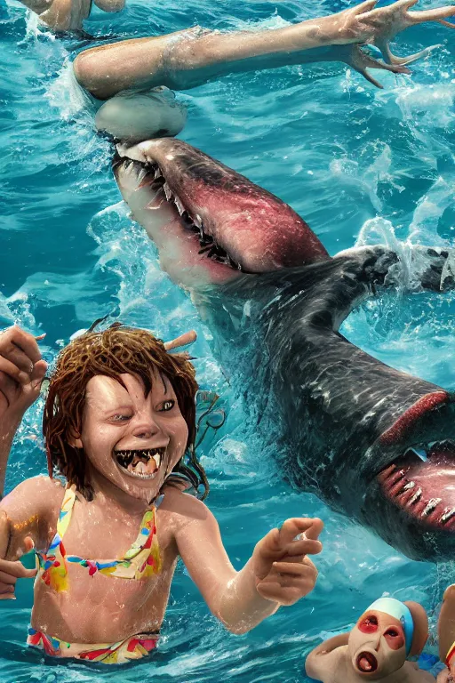 Prompt: summer swimming party, jaws, body horror, hyperdetailed octane render